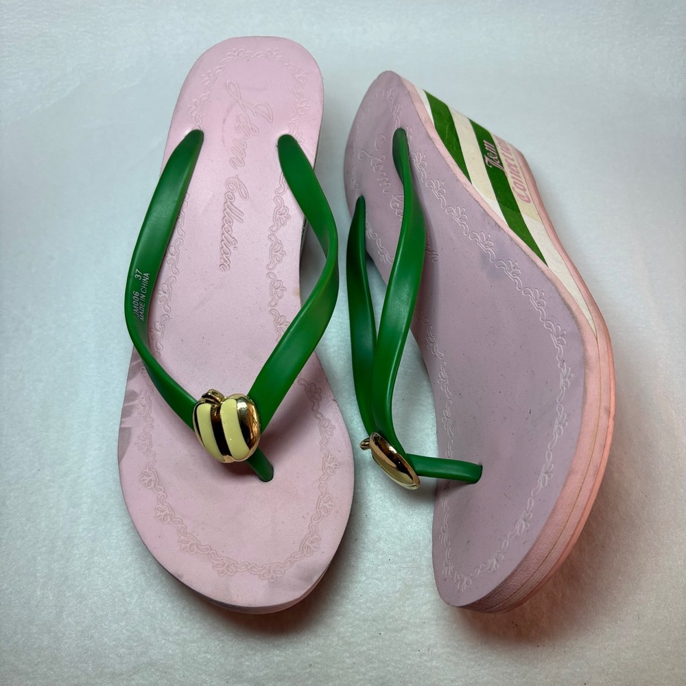 J&M Connection Pink Green Striped Platform Wedge Flip Flops Heart Charm 37